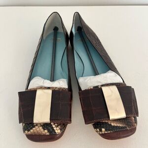 Frances Valentine Brown Croc-Embossed Leather Loafers with Snakeskin Accent